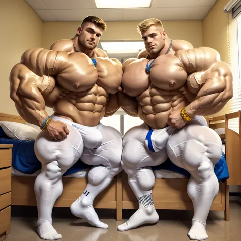 full body view, Two white european young 10 yo kids bodybuilders flexing their biceps in a front double biceps pose. Shirtless wearing white underwear and white socks, no shoes. In a dorm room. Handsome. One blonde, one brunett. Wide muscled shoulders. Thi...