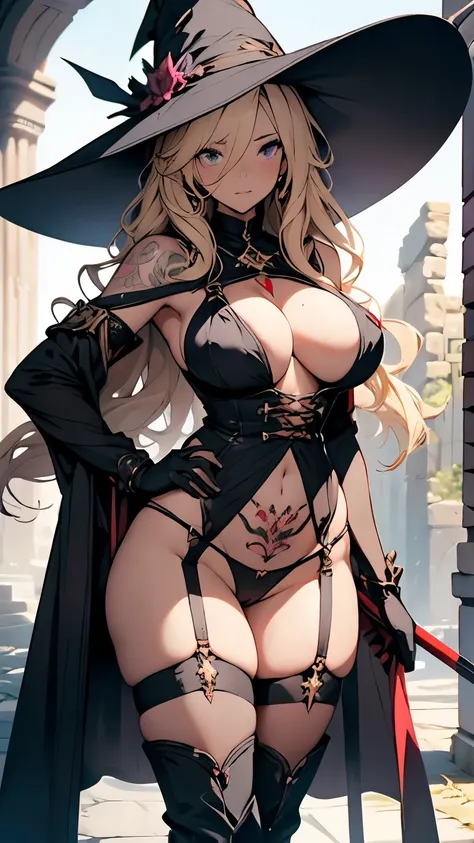 (Holding a huge long staff)、(Witch Hat、Blonde wavy hair)、((Purple sexy lingerie)、(Black garter belt、Black knee-high socks、Black Gloves、Black boots、gold and jewel decoration)、((Huge breasts)、Underboob、Sideboob、Huge areola、Thick Puffy Nipples)、(glamorous、Abs...