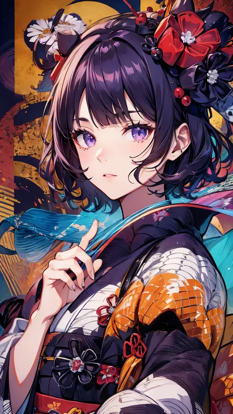 hokusai, short hair, bangs, (purple eyes:1.1), black hair, hair ornament, purple hair, flower, hair flower, hairpin,
japanese cl...