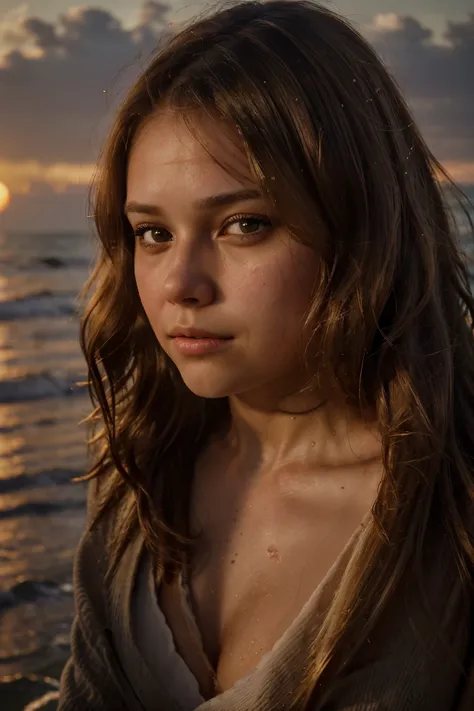 A close-up portrait shot of a young woman with a calm and thoughtful expression, standing on a serene beach at sunset, the soft golden light of the setting sun gently illuminating her face, with the waves subtly visible in the background, shot with a Sony ...