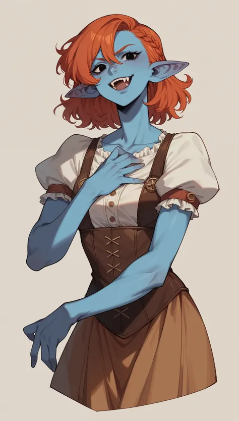 Masterpiece, best quality, hand-drawn style, lots of details, high quality, right shadows and light, A female person, azure-blue skin, pixie-sharp ears ,athletic build, prominent fangs, black eyes, long ginger-colored hair, short-sleeve shirt and a knee-le...