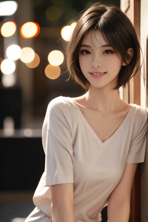 ((top quality, masterpiece, realistic)), 1 girl, facing the front, light brown hair, short bob hair, In 8K, 85mm, RAW photos, bokeh background, laugh, random pose, business shirt, random place, night view