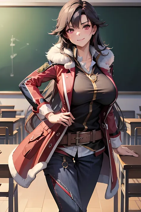 masterpiece, mischievous smile, light blush, looking at viewer, huge breasts, sexy pose, female rean schwarzer, long hair, red coat, fur trim, black shirt, brown belt, blue pants, detailed white classroom in the background