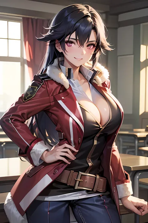 masterpiece, mischievous smile, light blush, looking at viewer, huge breasts, sexy pose, female rean schwarzer, long hair, red coat, fur trim, black shirt, brown belt, blue pants, detailed white classroom in the background