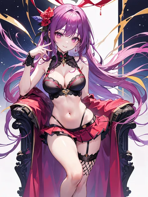 High definition、Highest quality、Skin like in the picture、Flowing hair texture、Red lips、G-cup bust、Smiling Beauty、Purple and gold camisole、On a private beach、Colorful garter belts and fishnet stockings、A woman being covered in a large amount of milky liquid...