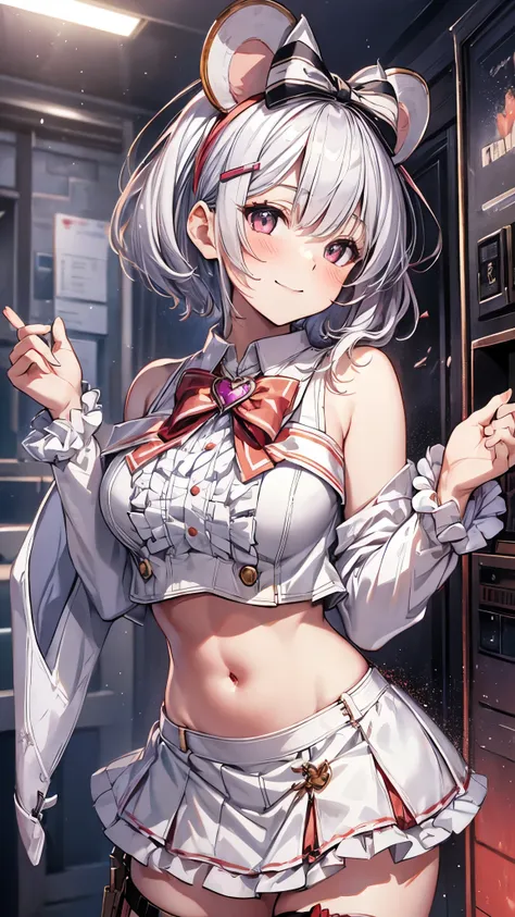 (cowboy shot:1.3),vikaladef, white hair,short hair, white shirt, crop top, frilled white miniskirt, heart brooch, hairclip, hair...