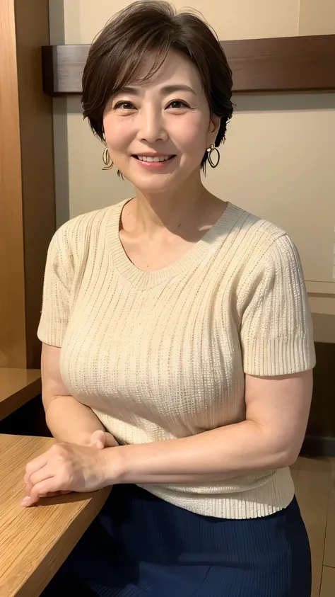 Osakas aunt、Organic Photography、Highest quality、masterpiece、Ultra-high resolution、Beautiful Japanese old lady、60 years old、Looking at the audience、Elegant face、Smiling with teeth showing、Big Breasts、Wearing a plain short-sleeved knit、Short Hair、mini skirt、...