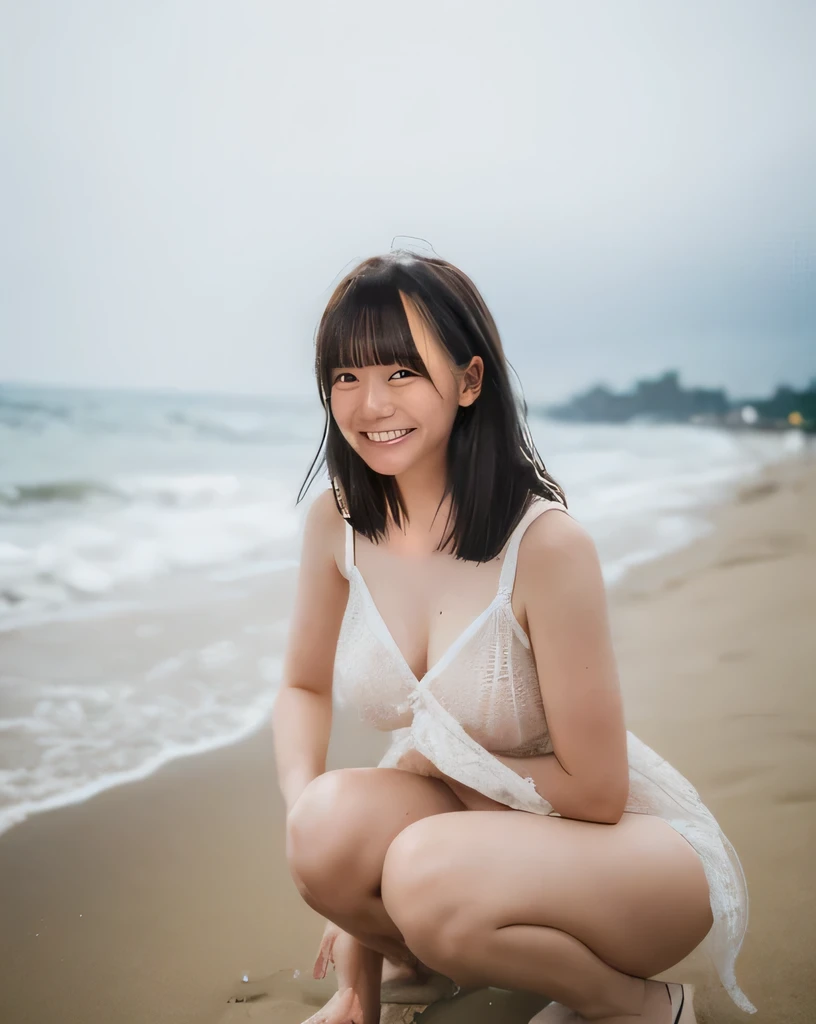 Highest quality,Super detailed,A woman squatting on the beach at Enoshima Beach, looking up at the camera,,Posing for a photo,Distant scenery is blurry,Illuminated by sunlight