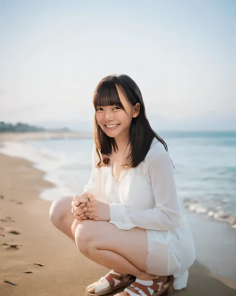 Highest quality,Super detailed,A woman squatting on the beach at Enoshima Beach, looking up at the camera,,Posing for a photo,Distant scenery is blurry,Illuminated by sunlight