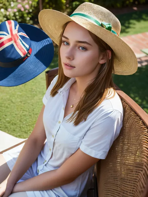 Australian actress girl, (20 years old), in the hotel, garden, dawn, sitting on a bench, shirt, hat, haughty expression, (top view), (face and eye details), (masterpiece, best quality, highly detailed), (lifelike, natural, naturalistic, photographic, reali...