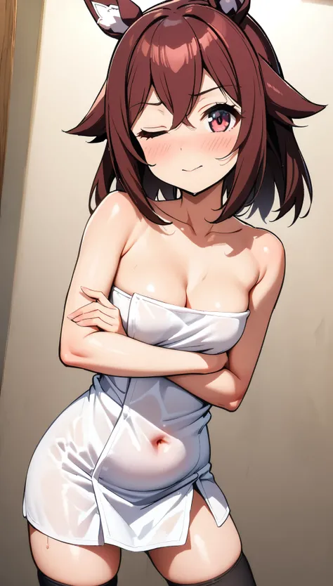 [[One person, Sakura Chiyono (umamusume), umamusume], (Goblin Slayer!)(umamusume), umamusume]], Beautiful attention to detail, Close one eye, Curvy, thin, Small breasts, Flat Chest, (Black thigh-high socks), (Cleavage) , (Sexy pose), (Seductive pose), (Cro...