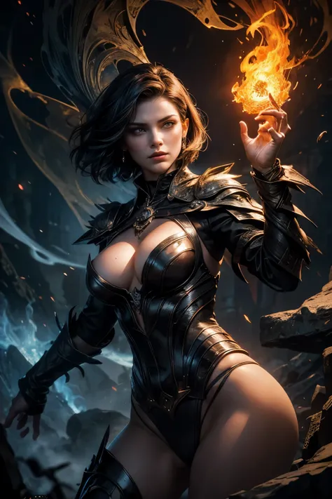 The short-haired witch cast a powerful spell in the fierce fire war., Sexy, open chest, Fascinating flames, Smoke swirl, Intense magical power, Hot coals, Dark and mysterious light, Ancient and mysterious art, bright colors, Hypnotic details, dynamic movem...