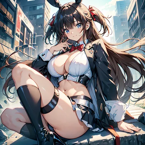 (tuxedo jacket), (light blue leotard), smiling(short height)(young girl), (black bunny ears), (huge round breasts)(big boobs), narrow waist, belly button, narrow hips, (bare hips), (thin legs)(bare legs), (narrow thighs), (white high-heel), (reddish brown ...