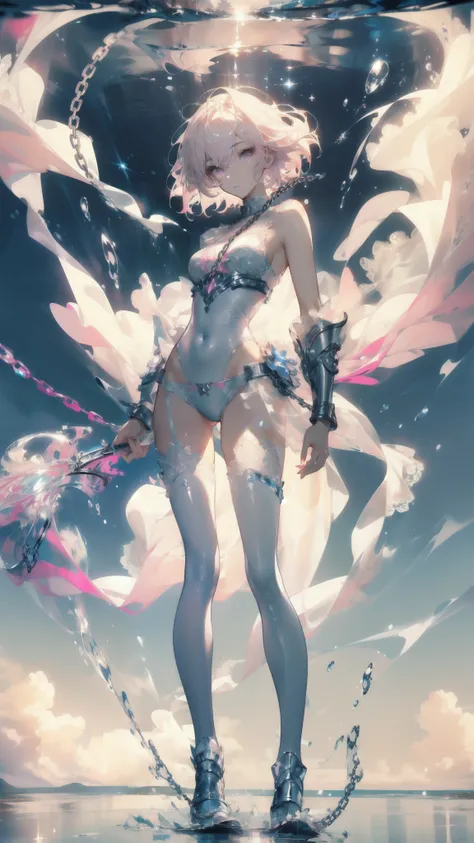 ((masterpiece, best quality)), Delicate face，Magician，Standing picture，whole body，Perfect body proportions，Long legs，Handsome short hair，Nice pink eyes，Fantasy style，White background，Extremely beautiful，transparent，Pure white armor，Sexy bikini，cloud，Water ...