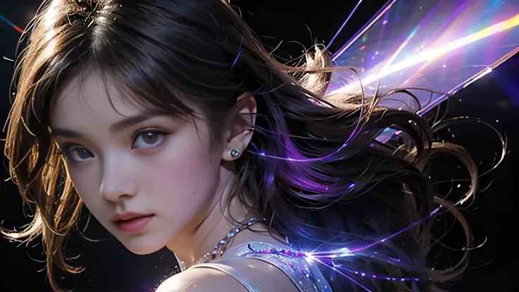 8K, Ultra HD, masterpiece, 1 girl, (Good face:1.4), Delicate eyes, Very long hair, Impressive hairstyle, earrings, necklace, Small Breasts, (Glow Dress 1.5), transparent, (Purple Laser Dress:1.5), Light foundation highlights the skin, (in the darkness:1.5)...