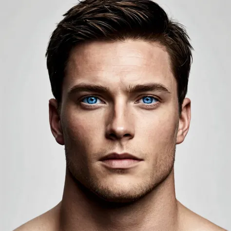 handsome man, blue eyes and fair skin. shorth hair, Square face, round portruding chin, Wide neck