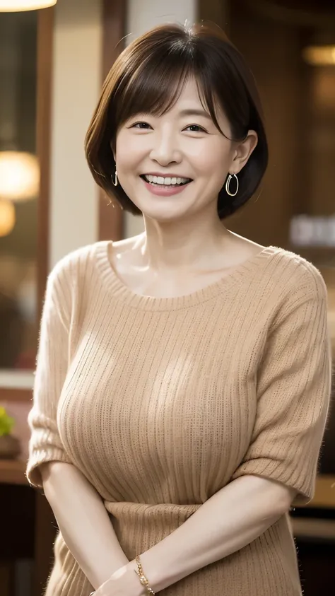 Osakas aunt、Organic Photography、Highest quality、masterpiece、Ultra-high resolution、Beautiful Japanese old lady、60 years old、Looking at the audience、Elegant face、Smiling with teeth showing、Big Breasts、Wearing a plain short-sleeved knit、Short Hair、mini skirt、...