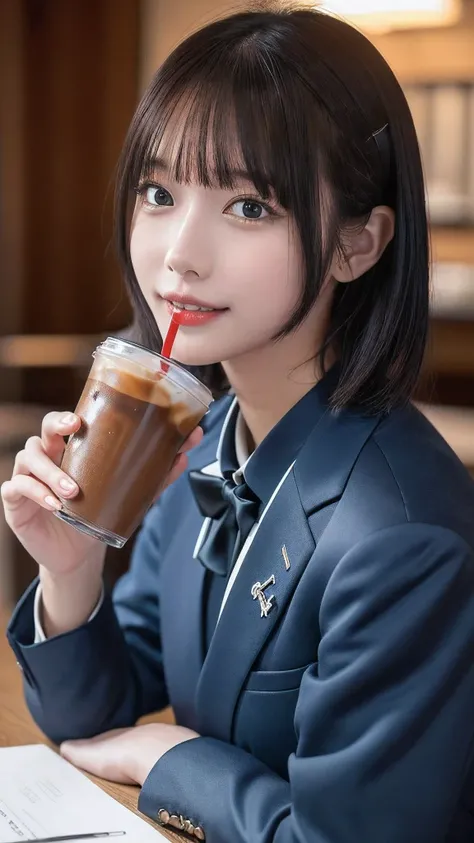 ((masterpiece, Highest quality, High resolution)), 1 Japanese person, (Realistic: 1.4), smile、Great face,Glossy lips、15 years old, Silver Hair、Silver Hair、Silver Hairのポニーテール(Beautiful Hair:1.5), (Navy Blue Blazer、Navy blue jacket)、(White dress shirt)、(Red ...