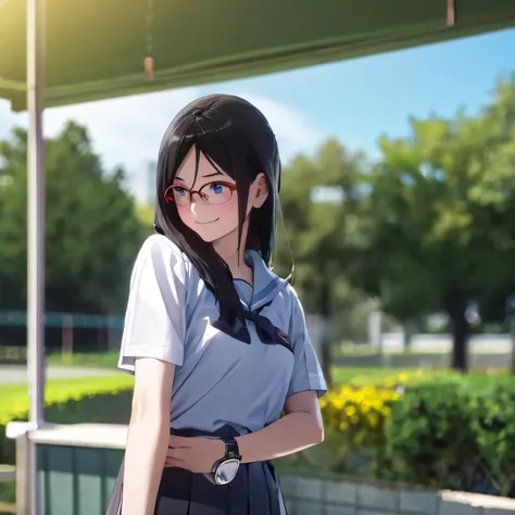 คุณภาพดีatสุด, masterpiece, high resolution, alone, (garden:1.13), asuka_tanaka,  black_hair, long_hair, glasses, light blue_eye...