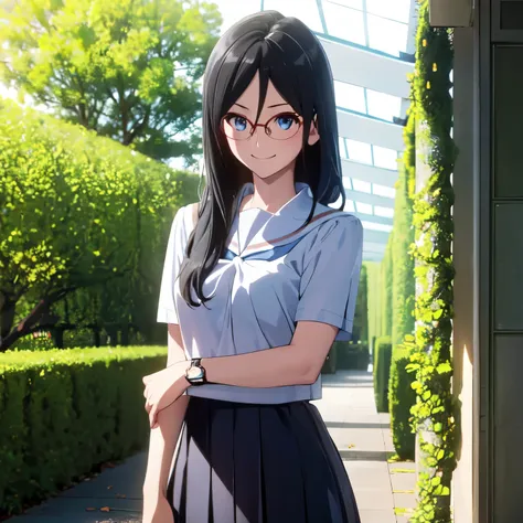 คุณภาพดีatสุด, masterpiece, high resolution, alone, (garden:1.13), asuka_tanaka,  black_hair, long_hair, glasses, light blue_eye...