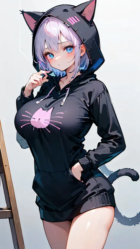Ultra-high resolution, 8k,high quality,(((low length,、Young Girl、Cat Hoodie))),(Retrospective angle,Cunning Hand),(、glowing、iridescent light,soft shadow,Anime Painting,thin line drawing),One Little Woman,(((Big Tits、Round Breasts))),