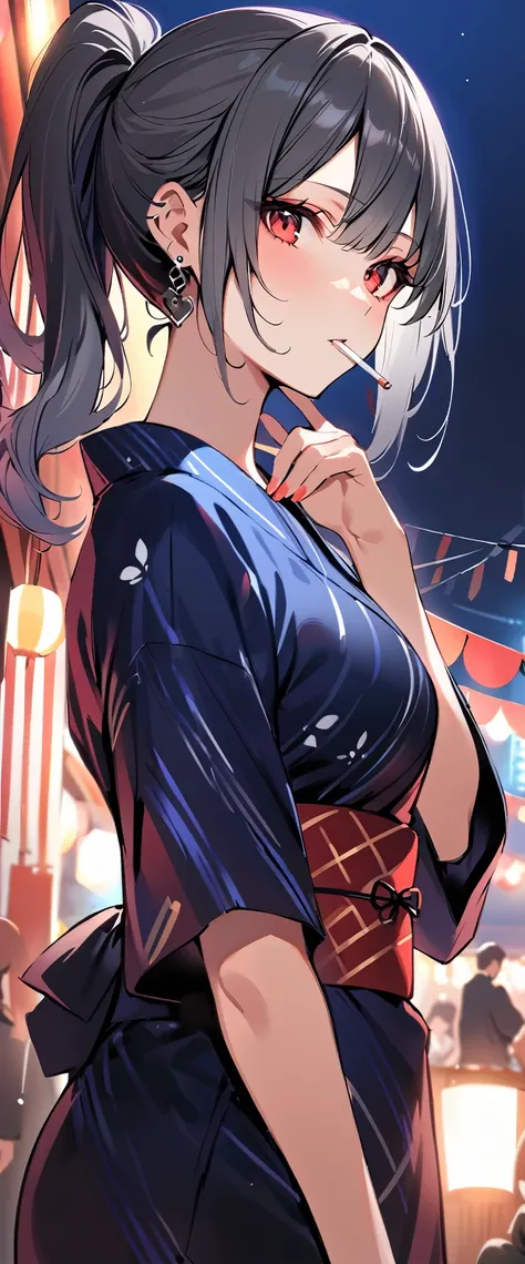 good looking, alone, 1 female, ponytail, Black hair with smoky grey tips, Red eyes,Earrings, smoking, night, Summer festival,Yukata,Black light