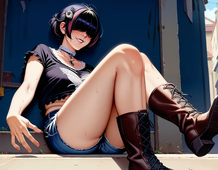 score_9, score_8_up, score_7_up, source_anime, 1 woman, playful hands((),  ((playful smile and face)),  lize1st, hair ornament, (undersized sleevless shirt) (),  ((highlighted chest)) knee high lace-up boots, tall boots, choker necklace, ((goth girl)), (dy...