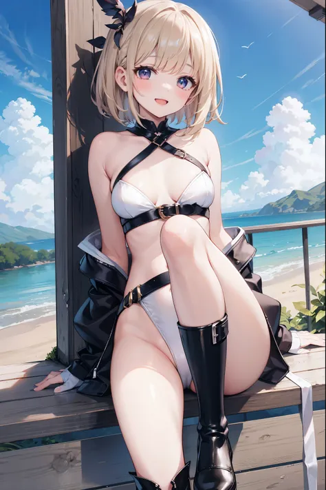 GRANBLUEfantasy,1young_teen_ girl,brown_hair,medium_bob_hair,platina_blond_hair,white_leotard,covered_crotch,thigh-highs,smile,standing,bluesky_landscape_background,slightly_spread_legs,happiness, short_gloves ,solo, r18, navel,relicbuster,short,boots,open...