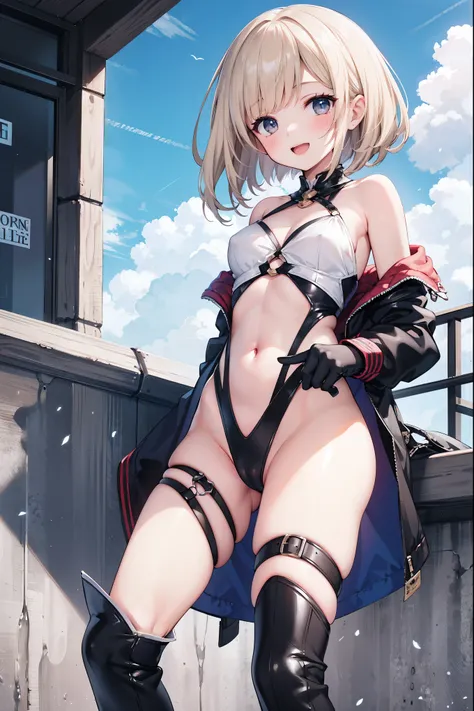 GRANBLUEfantasy,1young_teen_ girl,brown_hair,medium_bob_hair,platina_blond_hair,white_leotard,covered_crotch,thigh-highs,smile,standing,bluesky_landscape_background,slightly_spread_legs,happiness, short_gloves ,solo, r18, navel,relicbuster,short,boots,open...