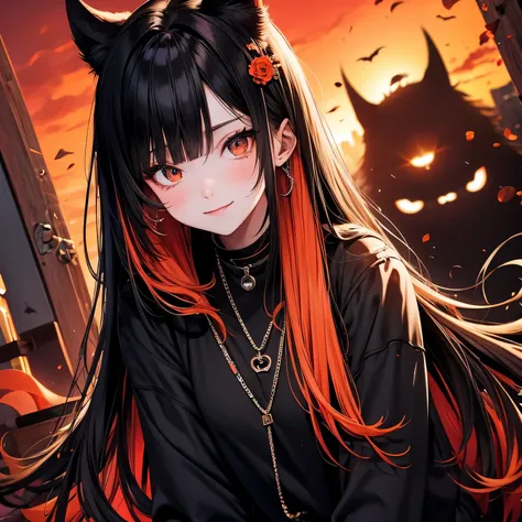 (masterpiece), Highest quality, Ultra-high resolution,Devil with a black ribbon、Dark orange hair、Deep orange eyes、A dark orange outfit、Feed fire、Kyoto、smile