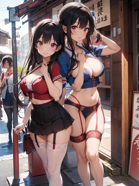 High definition、Highest quality、Skin like in the picture、Flowing hair texture、Red lips、G-cup bust、Smiling Beauty、Blue or red two-piece summer outfit、At the Gion Festival、Colorful garter belts and fishnet stockings、A woman being covered in a large amount of...