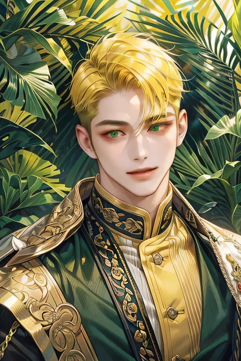 1man, yellow undercut hair, javanese style, masterpiece, best quality, realistic, masculine and charming, 29 years old, green eyes, serious, extremely detailed face, black skin, smile,, ((short-undercut yellow hair)), [ eyebrows], green suit, forest, accur...