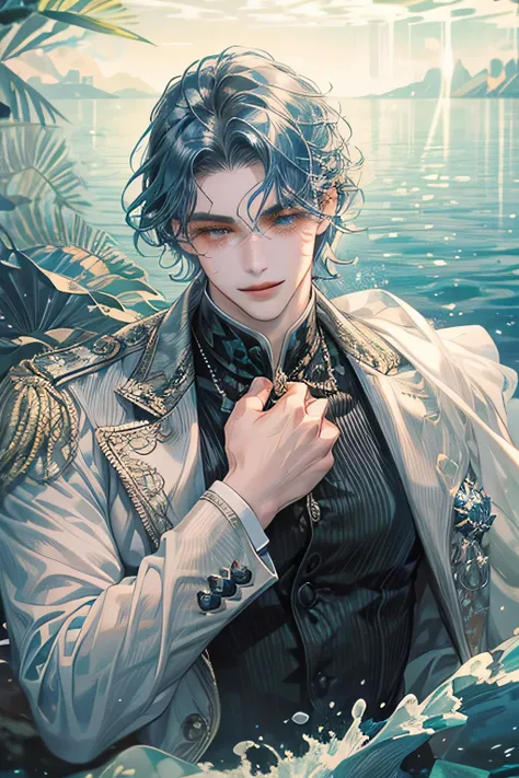 1man, short blue wavy hair, merman style, masterpiece, best quality, realistic, masculine and charming, 29 years old, white eyes, serious, extremely detailed face, smile,, ((short- wavy left swept hair)), [ eyebrows], black suit, under the sea, accurate, d...