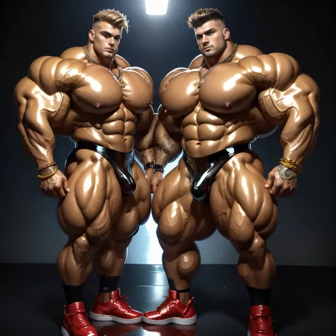 full body view, two Pretty young muscle gay boys in tight shiny latex red, black and white skinny fullsuits ,neck tattoo ,pretty faces, faux hawk shiny golden blonde haircut, wet hair, golden rings, necklaces, bracelets, hi-top Jordan red and black shiny p...