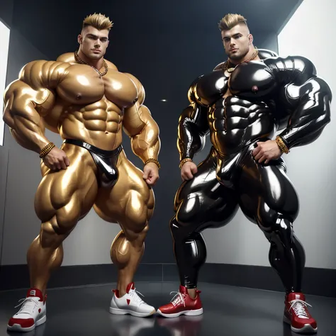 full body view, two Pretty young muscle gay boys in tight shiny latex red, black and white skinny fullsuits ,neck tattoo ,pretty faces, faux hawk shiny golden blonde haircut, wet hair, golden rings, necklaces, bracelets, hi-top Jordan red and black shiny p...