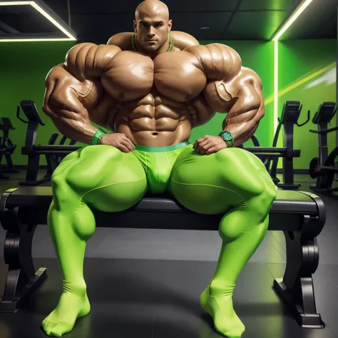 full view, full body, one handsome young artificially tanned white bald over-muscular man in neon-green nylon socks, shirtless wearing neon-green lycra leggings and neon-green sheer socks, no shoes, gold chains, bracelets, rings, arrogantly sitting on benc...