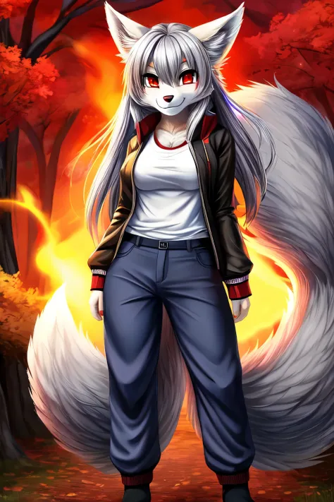 ((best quality)), ((masterpiece)), (detailed), 1girl, grey and light grey fur color, fluffy, adorable, looking into camera, pants, hot looking, red eyes, long hair, anthro, furry, sexy pose, grey fur, grey look, has clothes, wolf, kemono, serious looking, ...