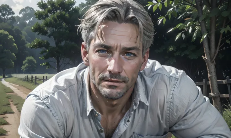 [((highly detailed, detailed eyes, detailed face, clear and realistic facial features, photorealistic, realistic light, cinematic)), ((((1 man)))), Mark is a handsome and alluring slender but muscular male farmer father aged 45 with short blond hair and a ...