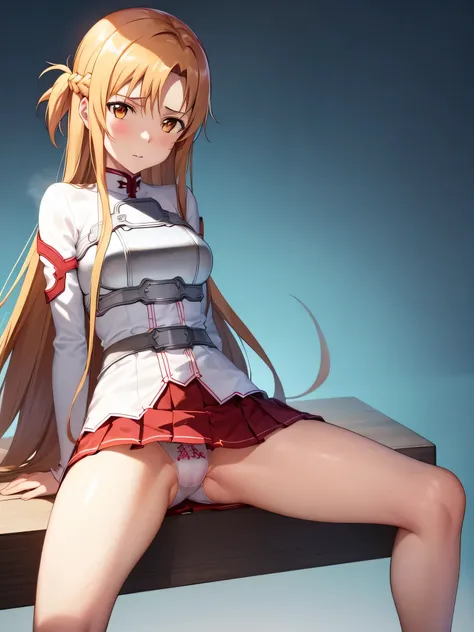 nsfw,Asuna yuki(Sword Art Online), Dynamic Angle, Long bronze hair,Braiding,Brown eyes,Beautiful Eyes,Roll Forward,Armature,breastplate,Long sleeve white shirt,Removed sleeve,Red and white skirt,Pleated skirt,Real,Her slim legs are really cute.,Very beauti...