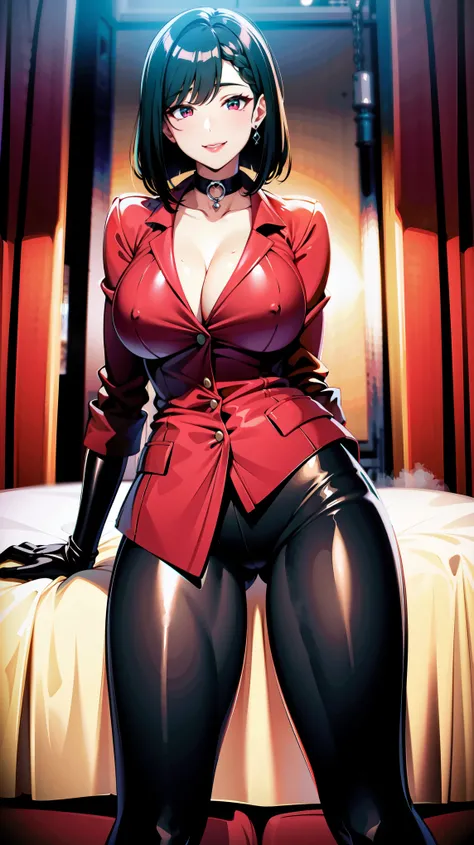 （（super high quality,Ultra-high resolution,4K,8k,super masterpiece,Ultra HD））Dimly lit room,（（One sexy woman,））,（（Red collared shirt,Sleeves up to the elbows,Black long gloves,Black pants with a glossy finish,Black long boots）,A tight collar that was raise...