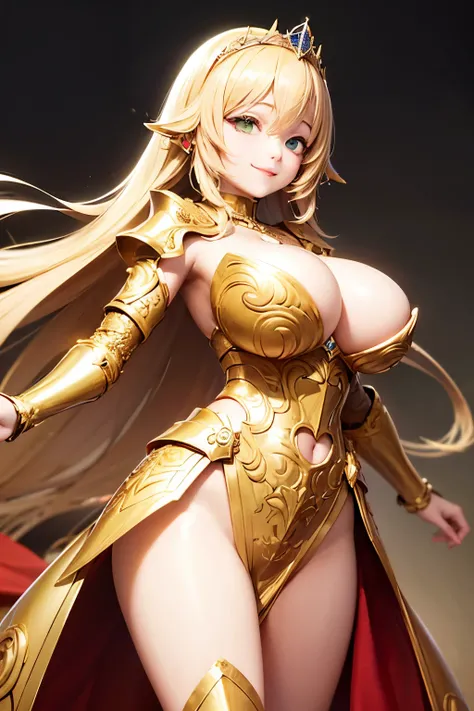 Ultra HD、Ultra-clear、White and beautiful translucent skin、Beautiful and well-proportioned face、Cute smile、Sagittarius Warrior、Covered entirely in golden armor、Holy knight in golden armor、Golden Tiara、Golden armor with ornate carvings covering the entire bo...