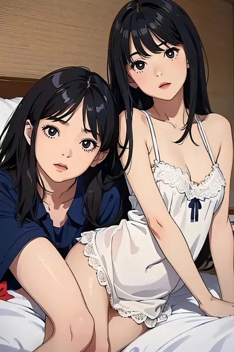 ((Highest quality)), ((2D)), (Small eyes), Perfect Face,Primary school students,Beautiful Face,Slit eyes,Narrow eyes,bed,Small breasts,Thin arms,Skinny,,Black Hair,Lace camisole,Thighs