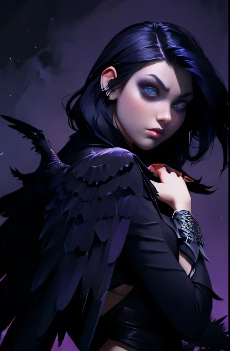 a dark haired woman with wings and a purple background, cyberpunk art by Yang J, tumblr, gothic art, dark feathered wings, raven monster, dark fantasy style art, in style of dark fantasy art, raven wings, dark fantasy illustration, fantasy dark art, an omi...