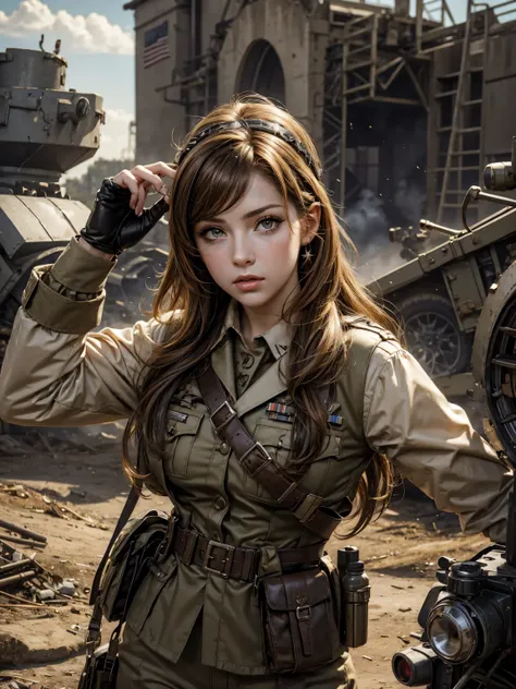 (Name: Reina Parker), Pretty, Beautiful Eyes, Angelic Face 1.2, Using World war 2 American Army Outfit, Battlefield Background