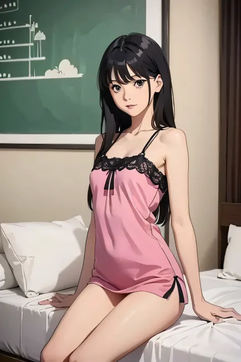 ((Highest quality)), ((2D)), (Small eyes), Perfect Face,Primary school students,Beautiful Face,Slit eyes,Narrow eyes,bed,Small breasts,Thin arms,Skinny,,Black Hair,Lace camisole,Thighs