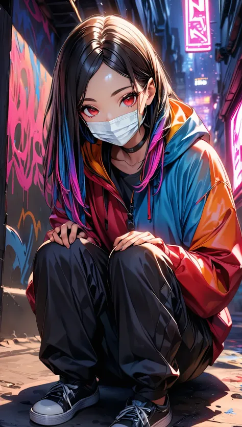 (Highest quality:1.2, Very detailed, up to date, Vibrant, Ultra-high resolution, High Contrast, masterpiece:1.2, Highest quality, Best aesthetics), (((1 person))), Light purple_Rainbow hair girl, Red eyes, Dreadlocks, Black surgical maskの着用, (Black surgica...