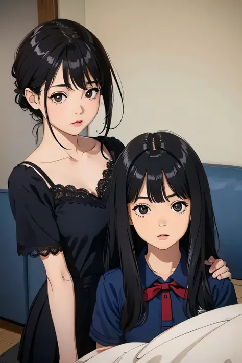 ((Highest quality)), ((2D)), (Small eyes), Perfect Face,Primary school students,Beautiful Face,Slit eyes,Narrow eyes,bed,Small breasts,Thin arms,Skinny,,Black Hair,Lace camisole,Thighs