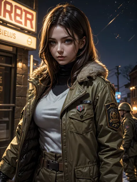 (Name: Reina Parker), Pretty 1.2, Beautiful Eyes, Using World war 2 American Army Outfit, Winter Night Apocalypse World, Dirty Outfit and body, 30 year-old