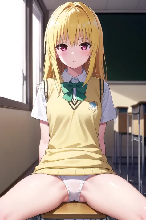 nsfw,1girl,1 person、toloverumy, my, Yellow Hair, Long Hair, Red eyes, 
break school uniform, shirt, white shirt, bow, green bow, sweater, light brown sweater vest, Short sleeve,
break indoors, classroom,　　　　　　　　　　
break looking at viewer, Cowboy Shot,（(Whi...