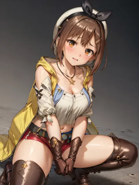 nsfw,(Squat down and spread your legs:1.2), riser, 1 person, alone, blush, Shorts, gloves, Belt bag, have, Head Ribbon, jewelry, red shorts, Brown Hair, short Shorts, Bridal Legwear, necklace, Brown eyes, One-handed gloves, hair ornaments, Valletta, star n...